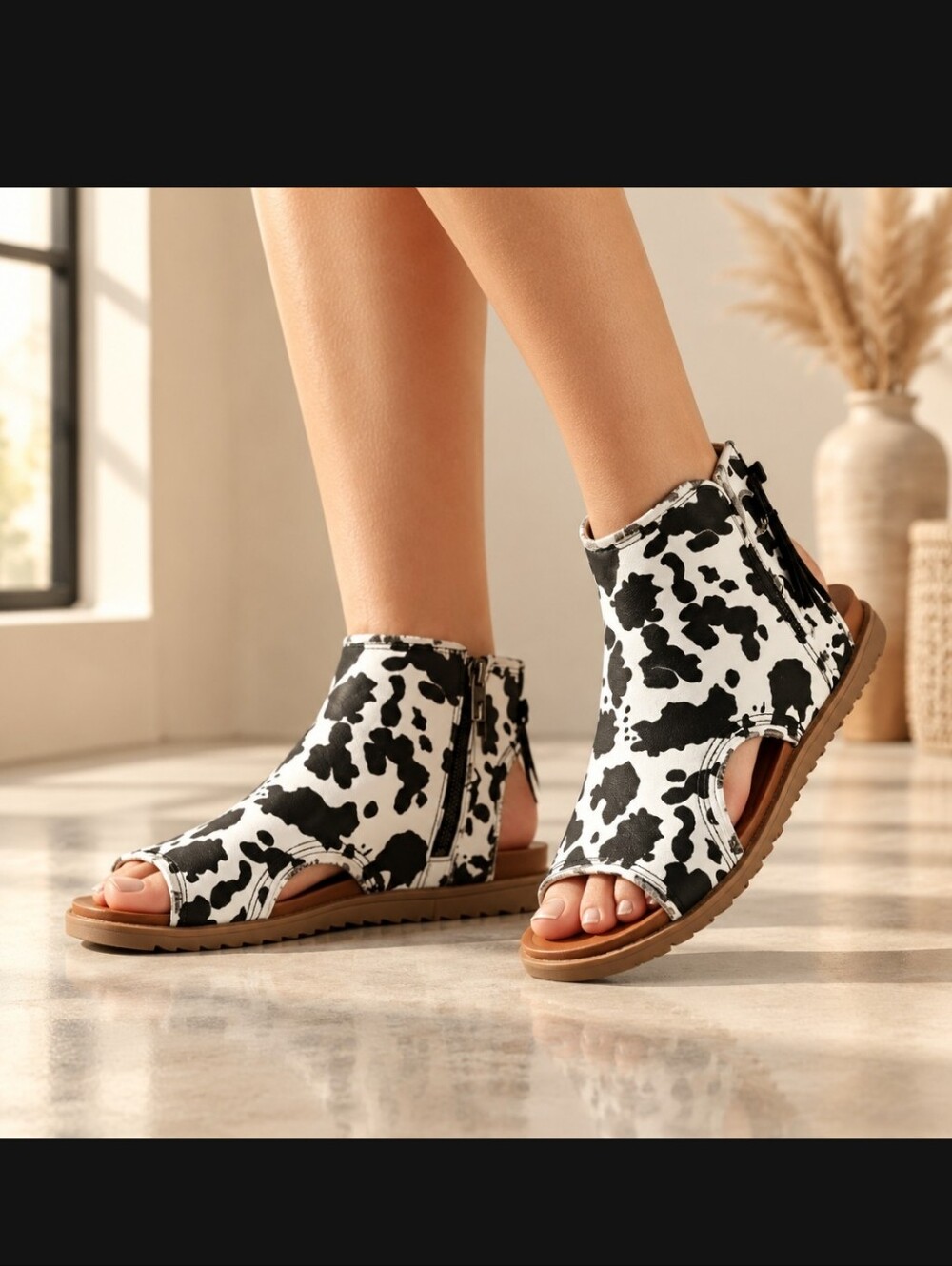 Very G Libra Black Cow Animal Print Western Sandals Shoes Size 7